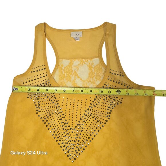 Daytrip Yellow Racerback Tank Top Rhinestones Sheer Lace Overlay Medium - Picture 10 of 12